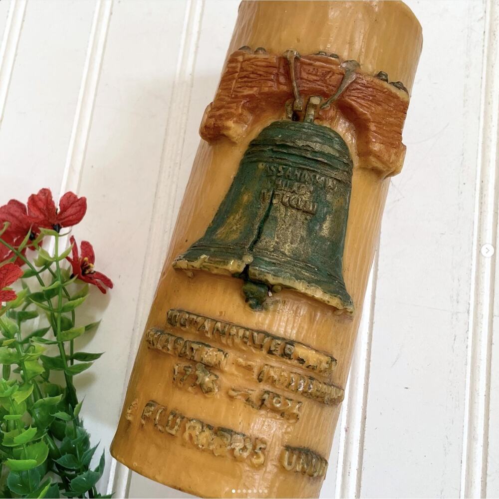 Vintage Carved Painted Pillar Candle Liberty Bell Johann Gunter German 1976